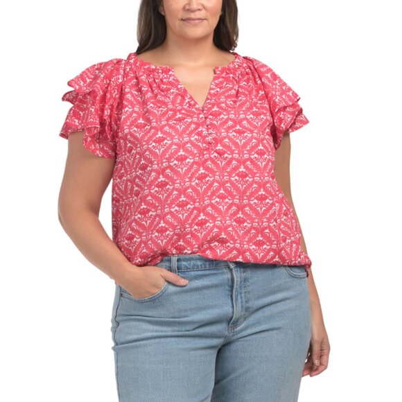 C&T Red/White Plus Ruffle Sleeve Blouse - Picture 1 of 2